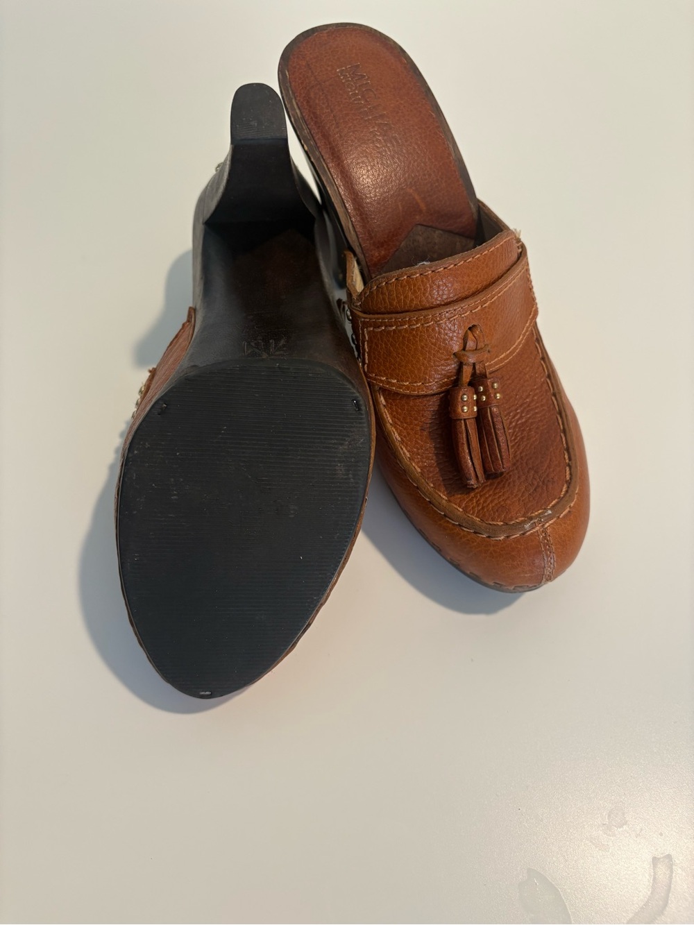 Michael Kors Brown Leather Tassel Mule Clogs Wooden Heel Size 7M - Picture 8 of 12